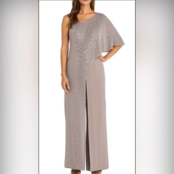 R & M Richards  Embroidered Sequin One Shoulder Short Sleeve Jumpsuit - Picture 1 of 6